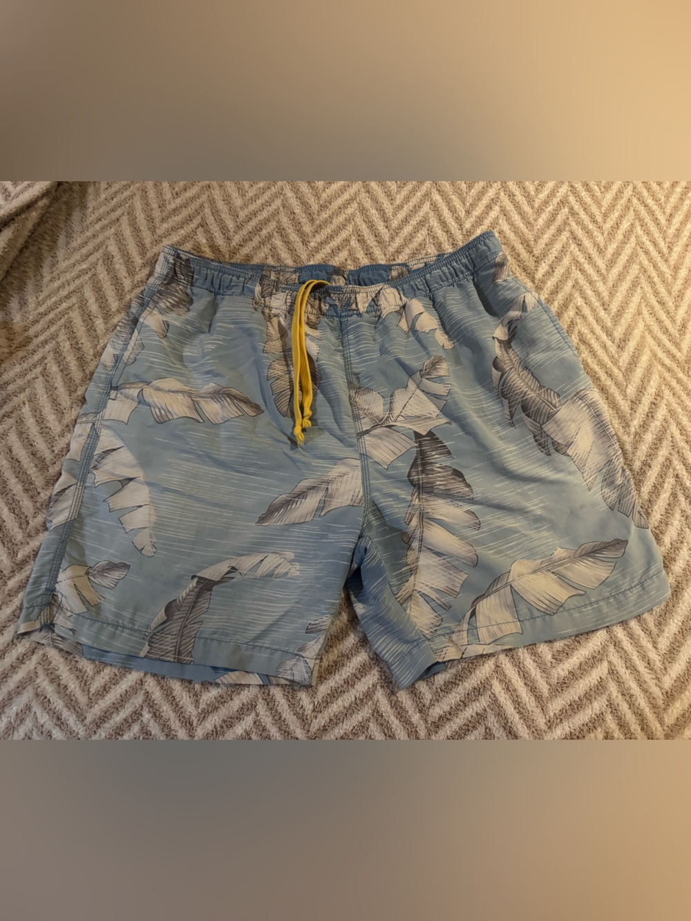Tommy Bahama Light Blue Tropical Leaf Swim Trunks with Yellow Drawstring